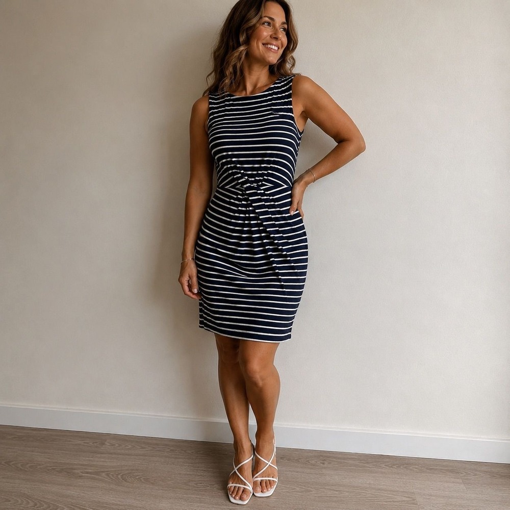 Gap Womens XXS Navy Blue White Striped Twist Front Sleeveless Sheath Knit Dress